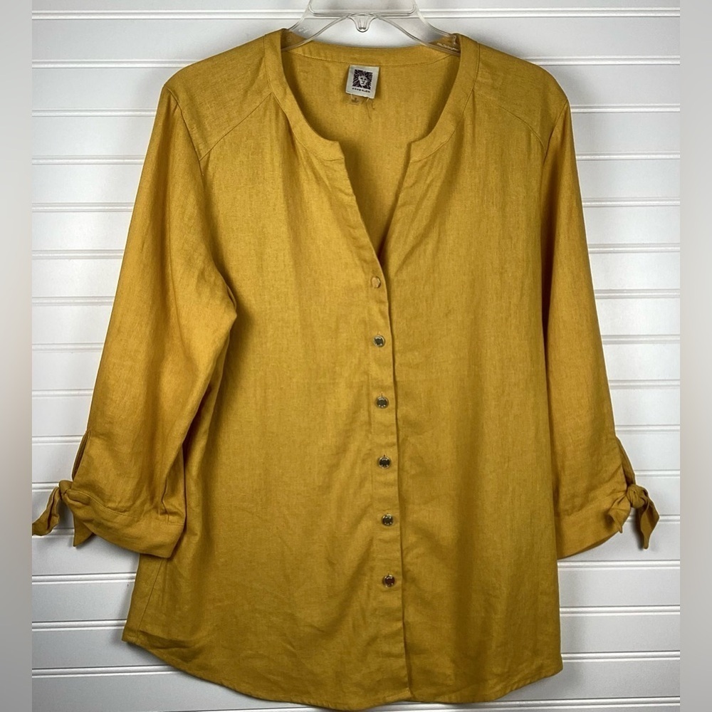 Anne Klein mustard Yellow linen blend button down 3/4 sleeve Top Size Medium